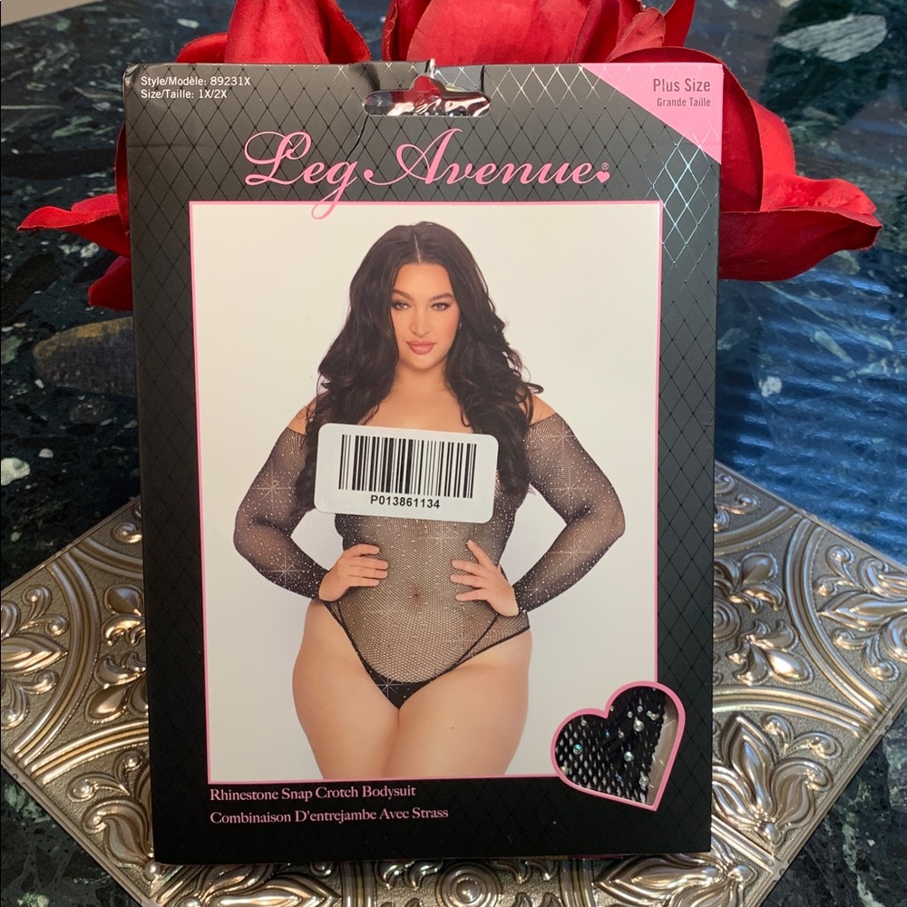 🌹Leg Avenue • NWT Plus Size Shine Black Rhinestone Long Sleeve Mesh Bodysuit